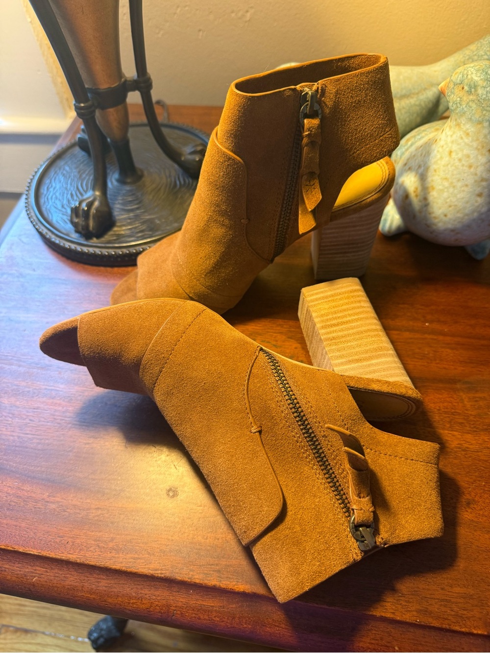 Splendid Tan Suede Peep-Toe Stacked Heel Ankle Boots - Picture 5 of 11
